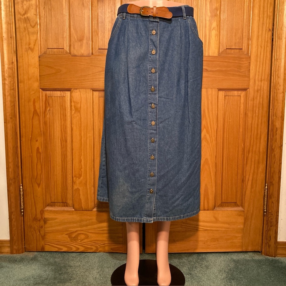 NWOT Vintage 90s Classic Elements Denim Belted Maxi Skirt Blue Size 14P